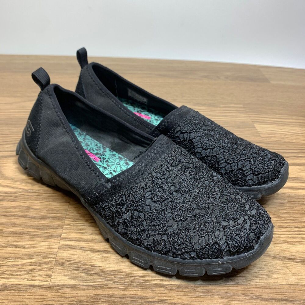 Womens Skechers Air Cooled Memory Foam Black Lace Flat Dress Shoes 8.5 SN 23477